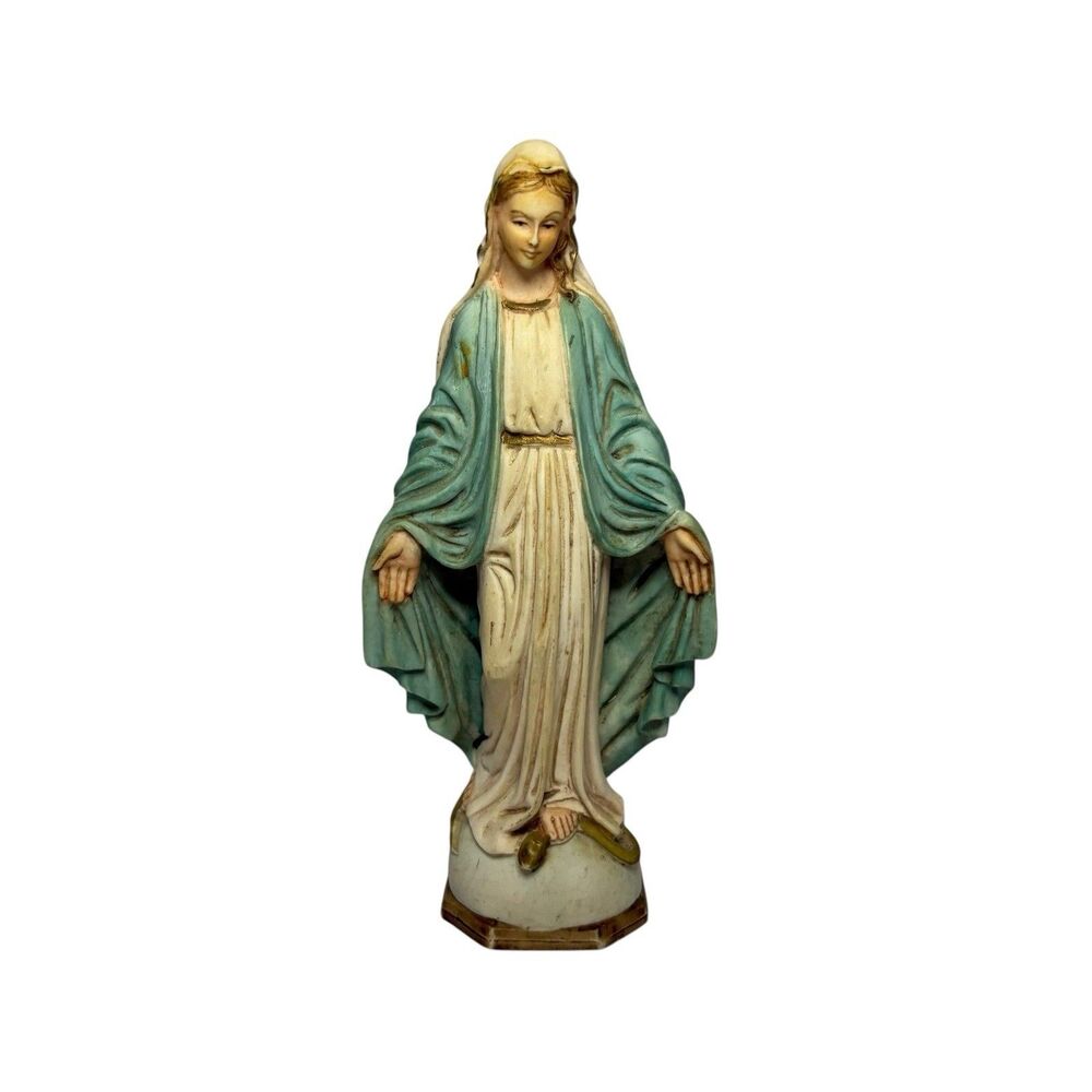 Virgin Mary Madonna Plaster Statue Polychrome Open Hands Treading on Snake 5.5”